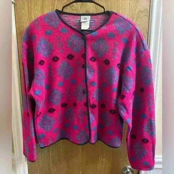 Vtg 80s David Wayne Neon Pink Aztec Southwest Print Cropped Fleece Cardigan Sz L - Picture 1 of 9